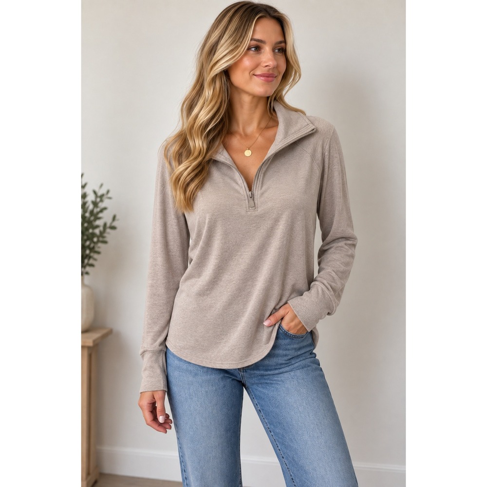 Danskin Style 4057 Women's Hoodie S Tan Recycled Polyester Blend Zip Size Front